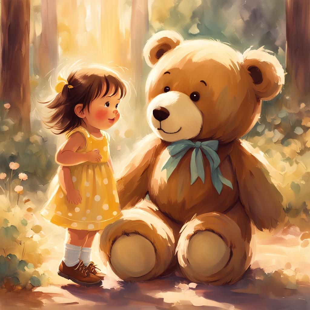 Cute, fluffy enormous whimsical Teddy bear friendly expression, calm, and tiny happy 2 year old girl ...  by @HarrietM