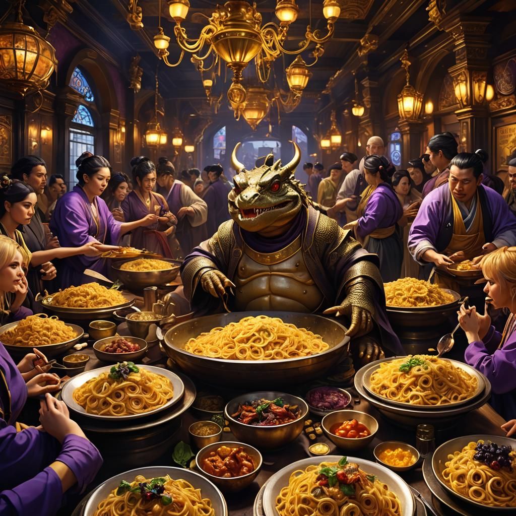 pasta dishes handed to sumo lizards in crowded elegant resta...