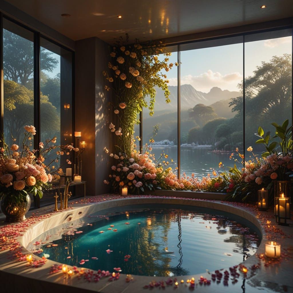 Elegant Bathroom with Stained Glass Bathtub in Warm Golden L...