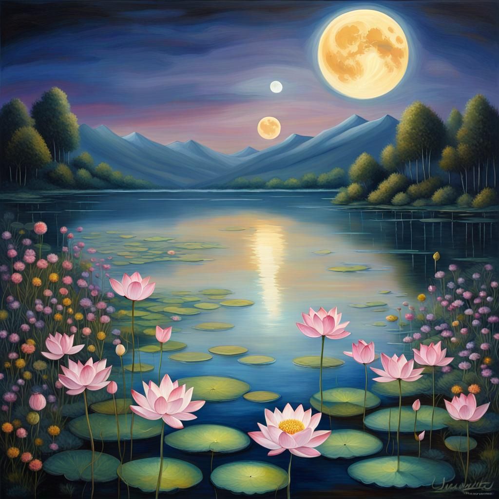 Lotus Flowers Under A Full Moon
