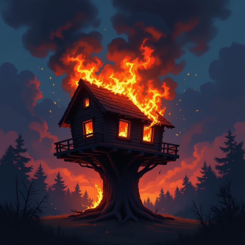 Burning Treehouse Inferno in Dramatic Digital Painting