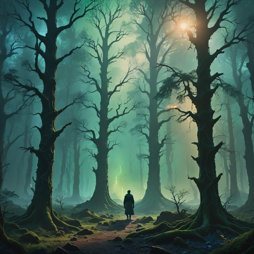 Mystical Forest Figure in Cinematic Oil Painting Style