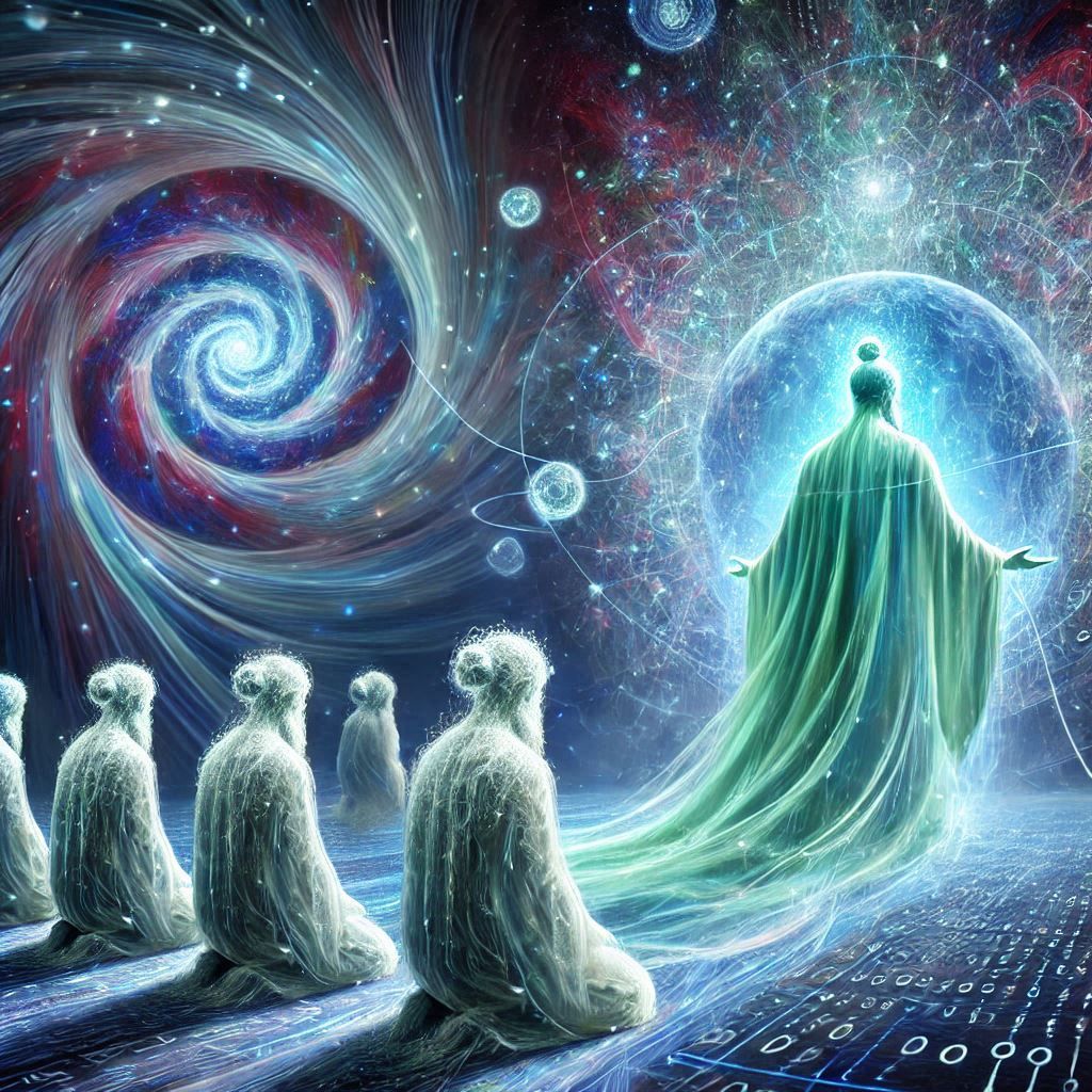 A kneeling, crystalline robed figure