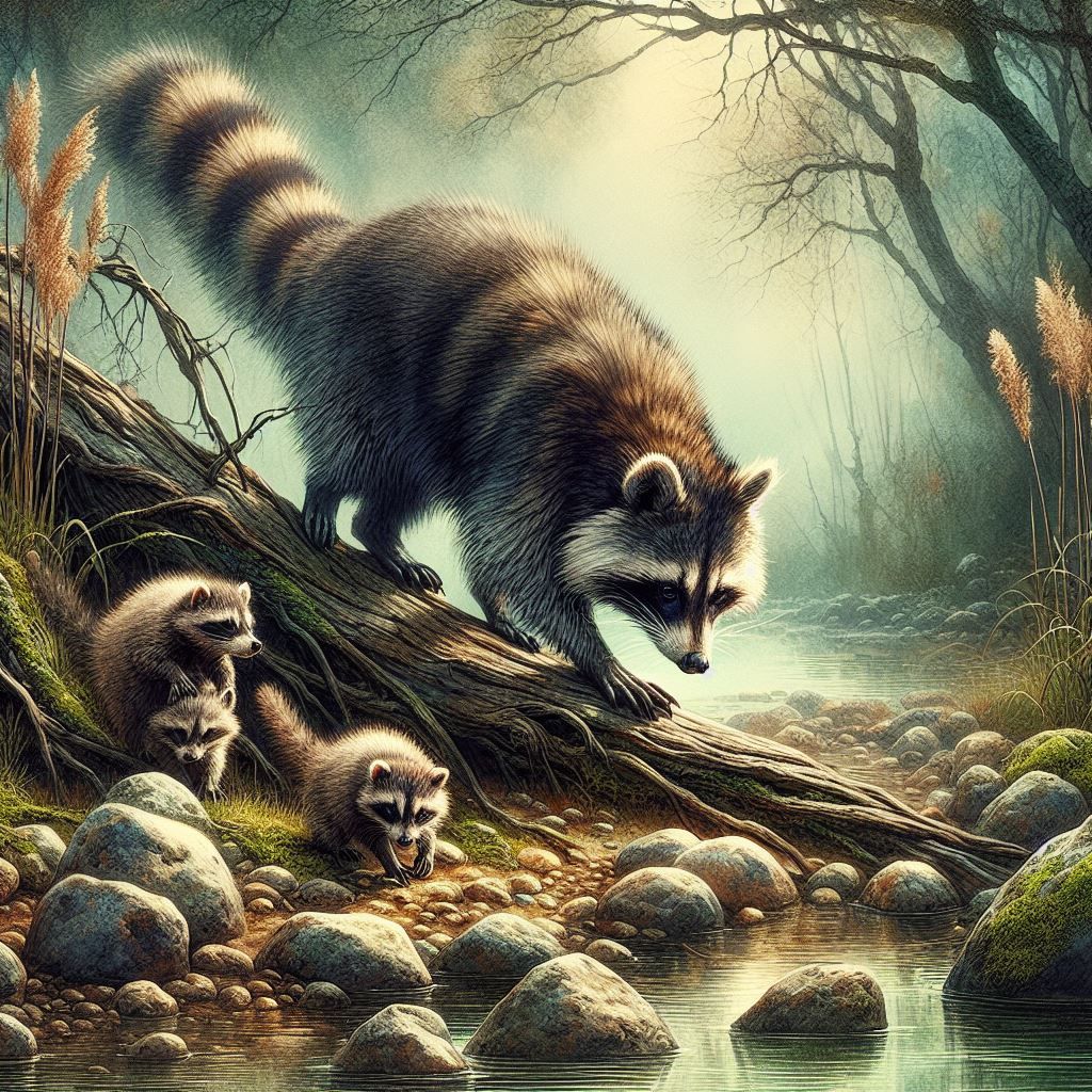 Racoon family out for a walk and food