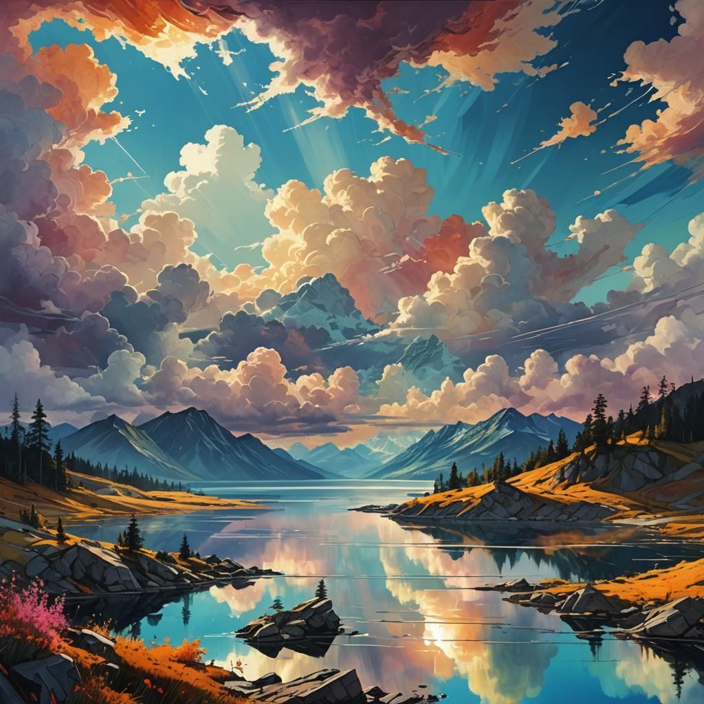 lake, downhill, magnificent clouds  by @Base the Bass