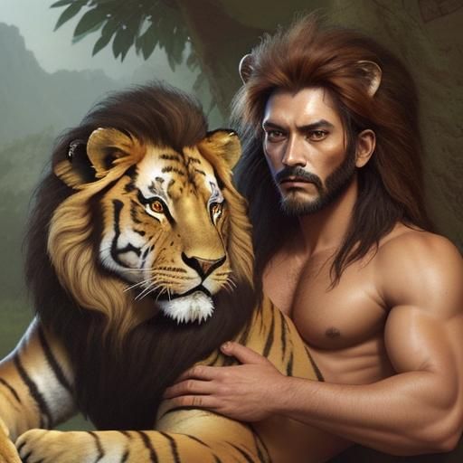 A man and a lion combined and tiger
