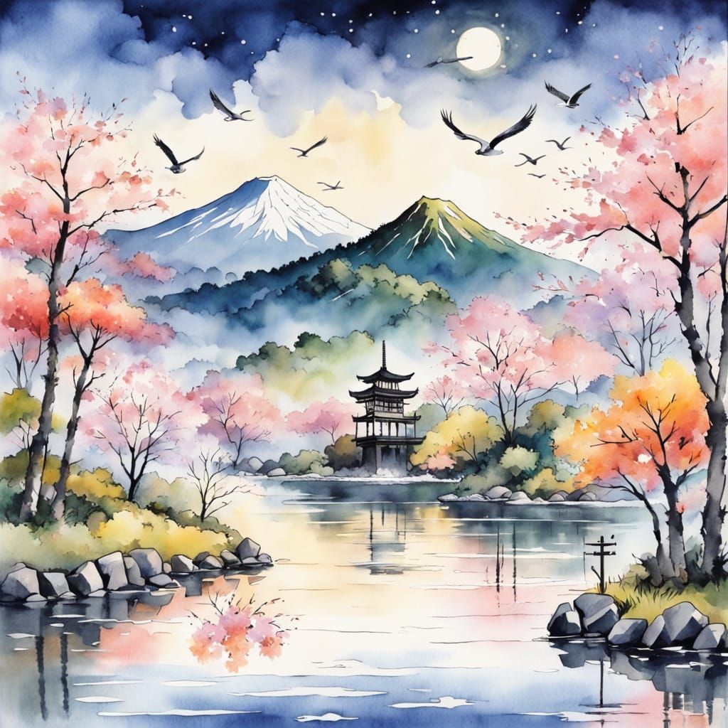 Vibrant Watercolor Japanese Countryside Scene with Cherry Bl...