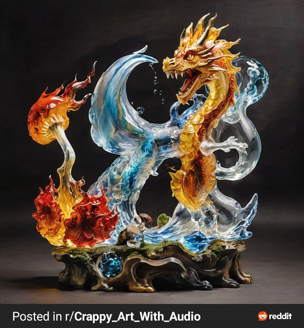 Surreal Glass Sculpture of a Dragon guarding a Mushroom