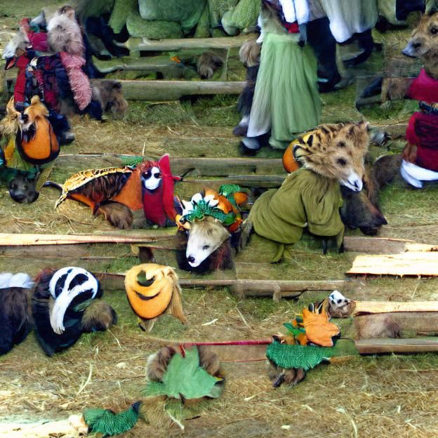 Woodland animals dressed in costumes at a harvest festival i...