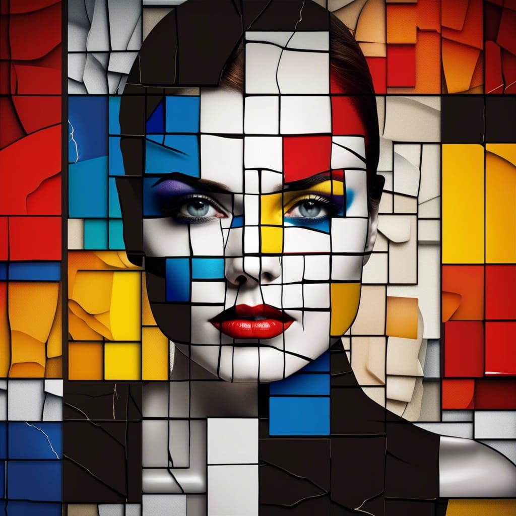 beautiful_woman - portrait_with_cracked_surface - overlay_of_white_and_colorful_squares_in_the_style_of_mondrian