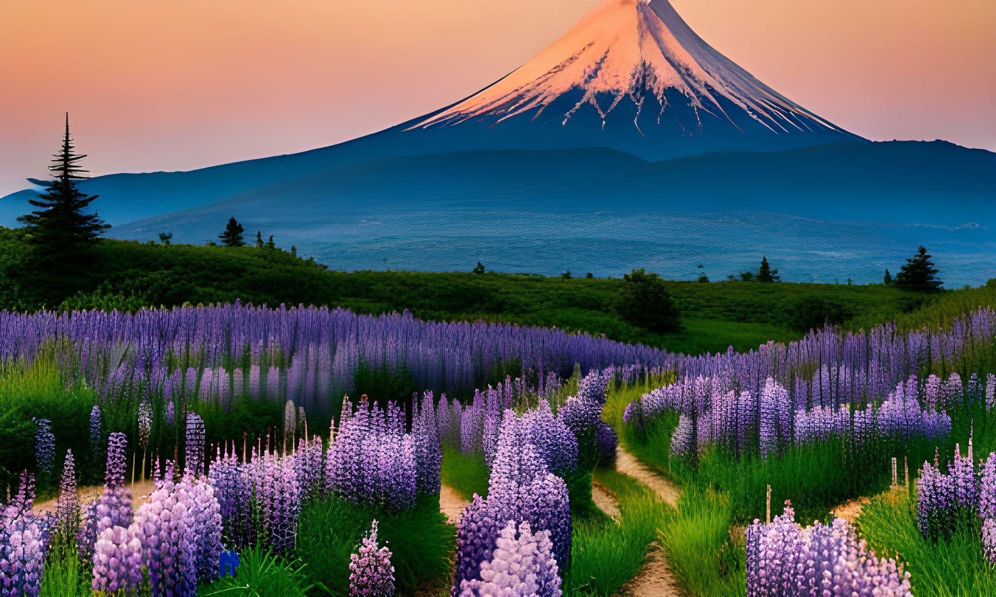 fields of lupines in Kamishihoro, japan - AI Generated Artwork 