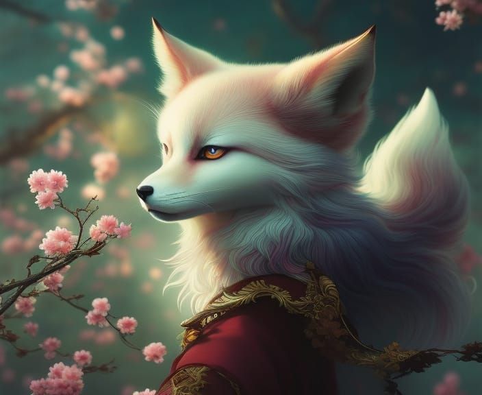 Kitsune Spirit in Cherry Blossom Fantasy Art