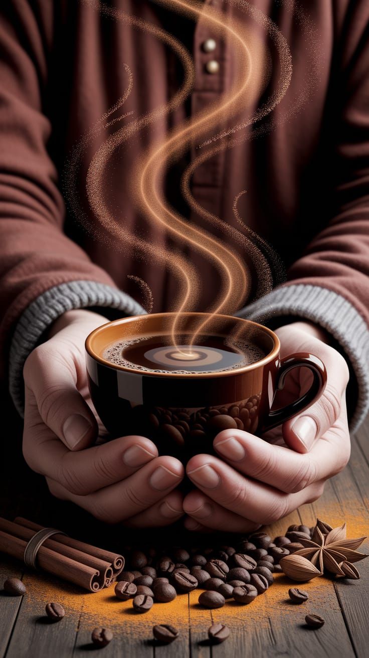 A steaming cup of coffee cradled…