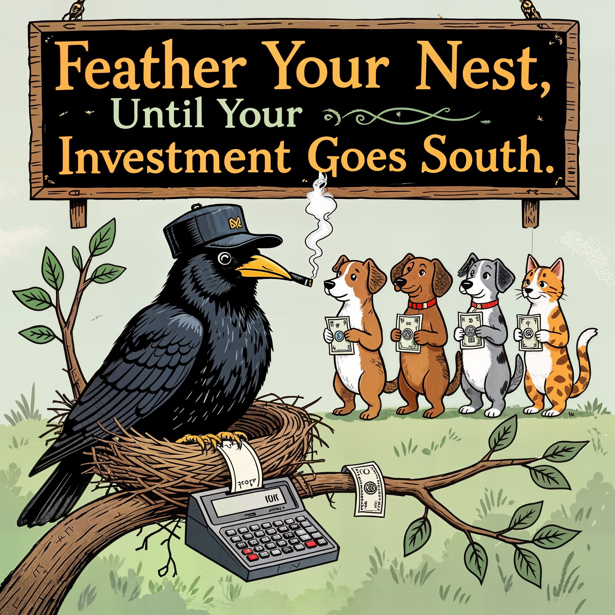 Large black birds have nest in low lying tree branch near ground. One of the birds is wearing a dealers cap and smoking a cigar. In front of...