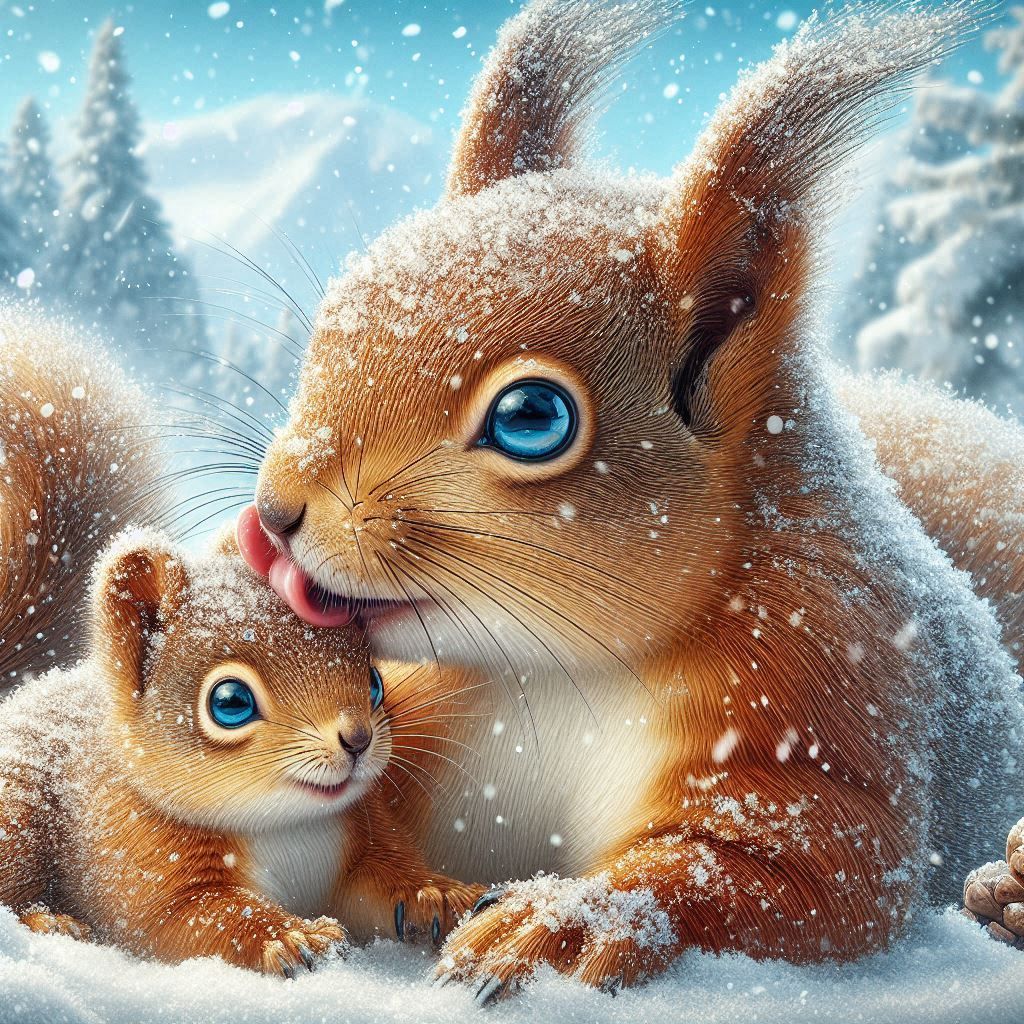 Squirrel mother and her cub laying in the snow