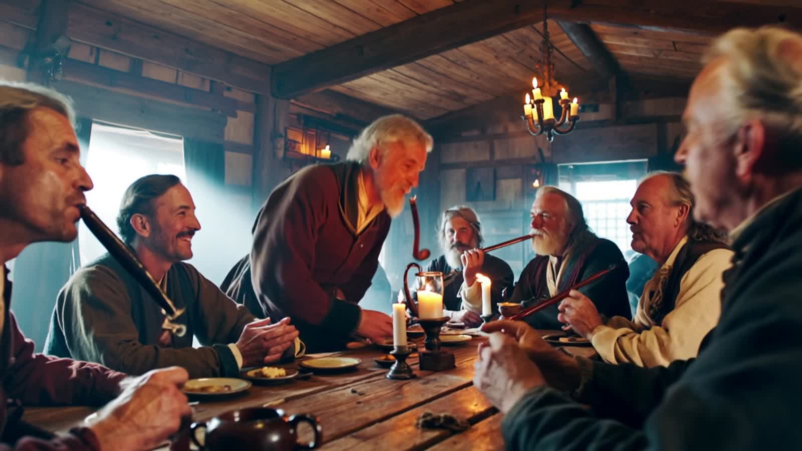 In the classic style of Peter Paul Rubens, old men back from the sea and clustered around a table in a tavern at the por...