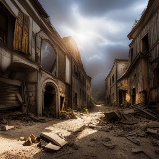 Abandoned mining town heavenly sunshine beams divine bright soft focus holy in the clouds