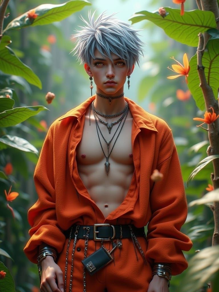 <lora:Happy-People:1.0> A handsome fem-boy with gray-blue-hair, long bright red unbuttoned linen shirt, flowers grow through the skin from t...