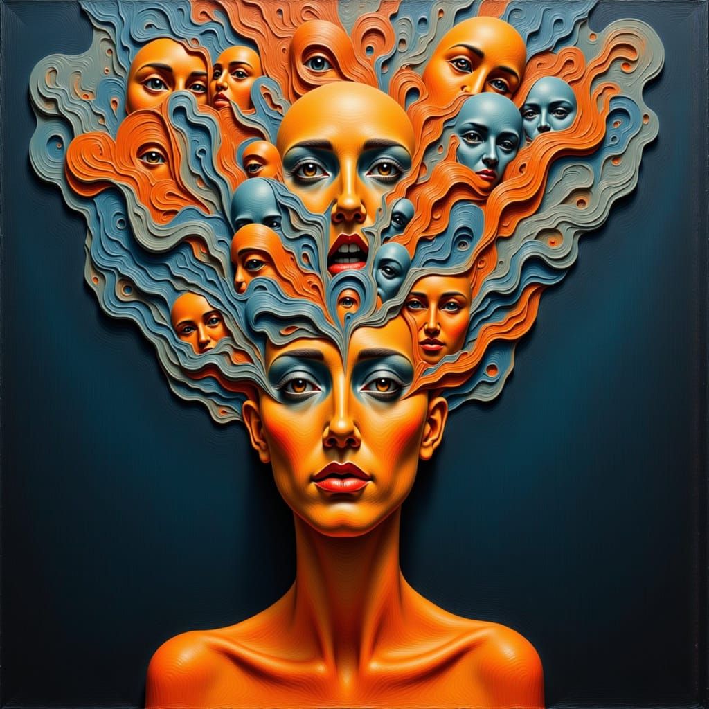 <lora:Abstract Me:1.0> Abstract  images blend into who I will become organized into masks Je me souviens des mouvements hésitants de mes rêv...