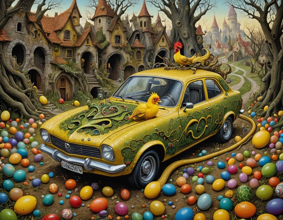 Vintage yellow Opel Corsa car in a fantasy Easter world - AI Generated ...