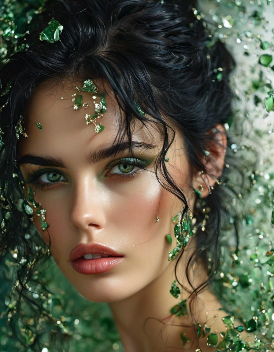 <lora:Double Photoreal v1:1.0> Hyperrealistic close-up portrait of a beautiful woman with black hair and green eyes, background drywall, pho...