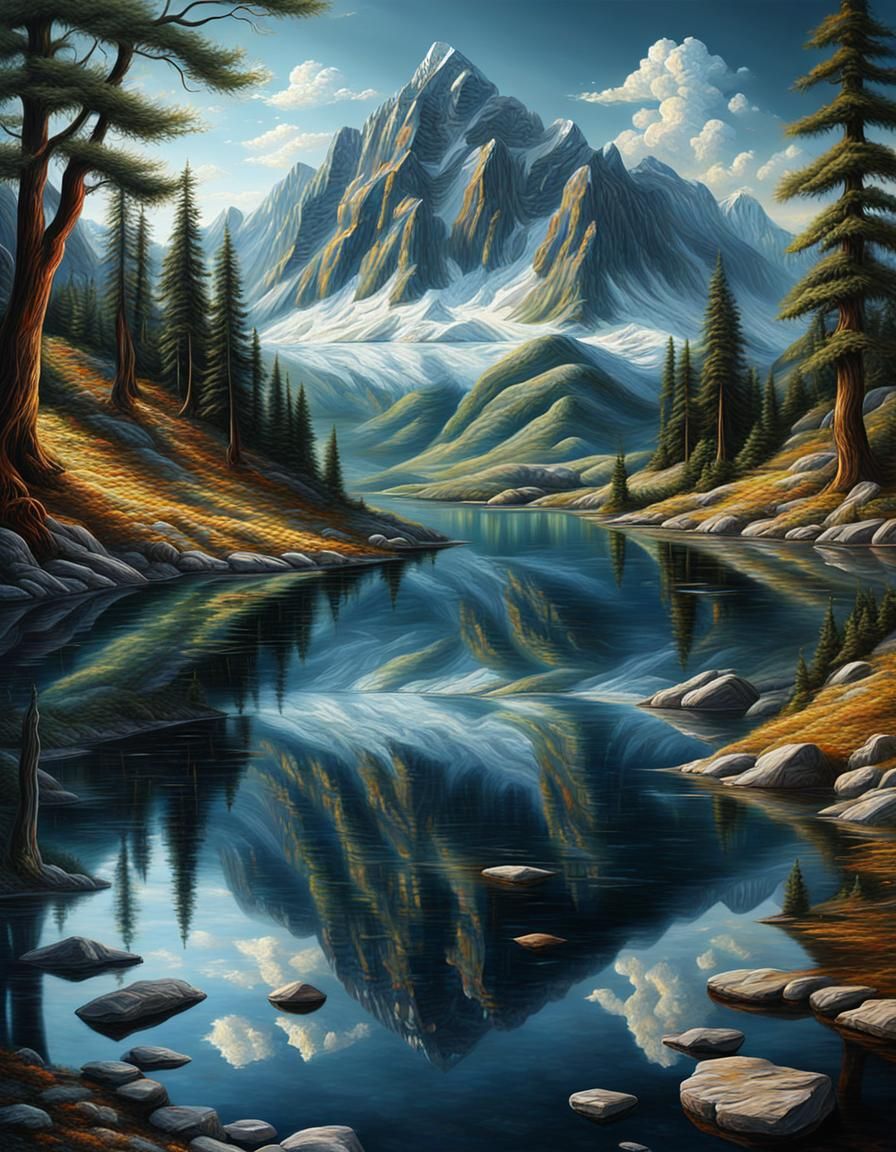 Realist painting using the impasto technique Lake Reflection...