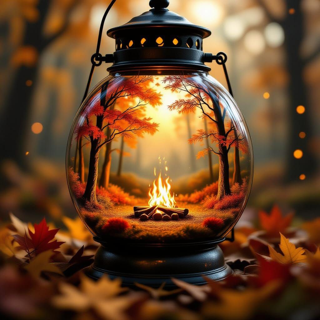 Miniature Autumnal Scenes, surrealism. A vast, autumnal forest landscape contained entirely within an antique glass lantern, complete with a...