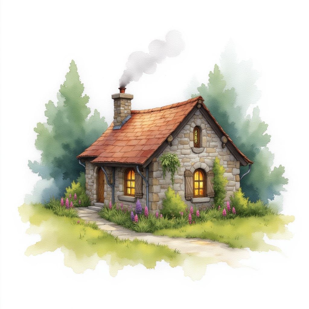 <lora:Watercolor on White:1.0>
A cozy stone cottage with smoke rising from the chimney, painted in watercolor with surrounding trees and fl...