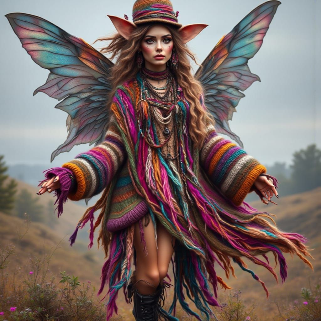 <lora:kak-ModernFairy:1.0>gypsy Fairy with modern wool colorful oversized dress and punk boots
