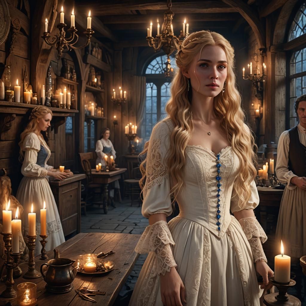 a woman with long golden hair, in white nineteenth-century dresses with lace and lace, blue eyes, in ...  by @Mauro Vandal