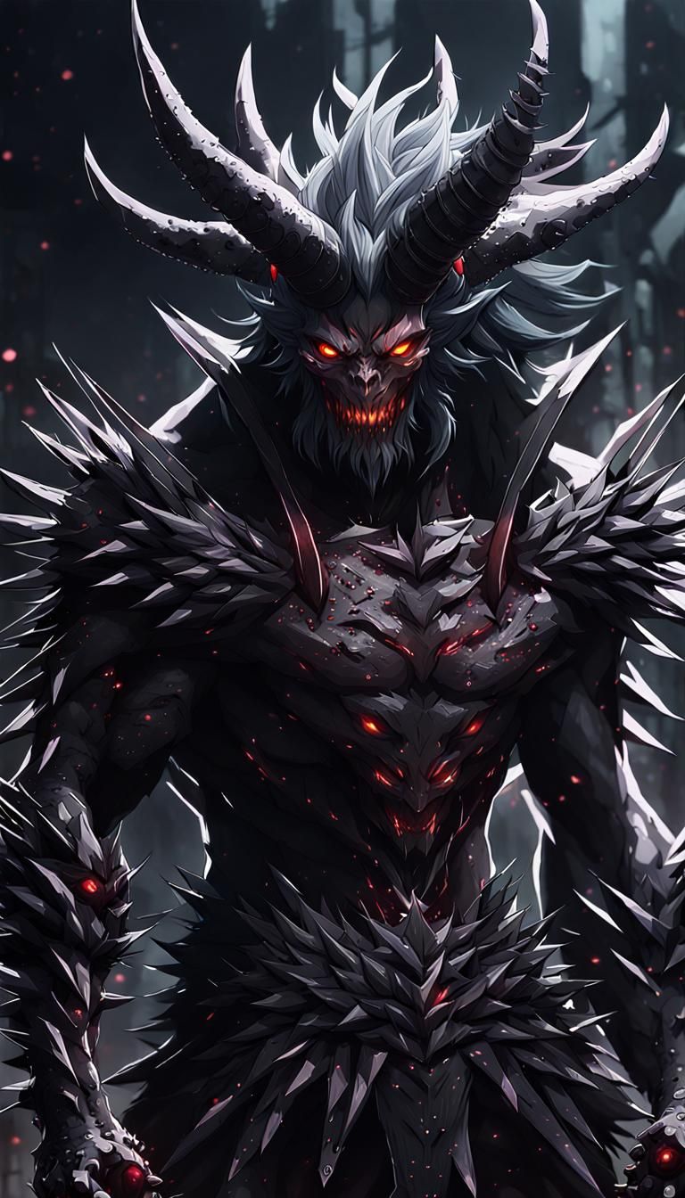 demon with thick black spikes emerging from back, By artist 