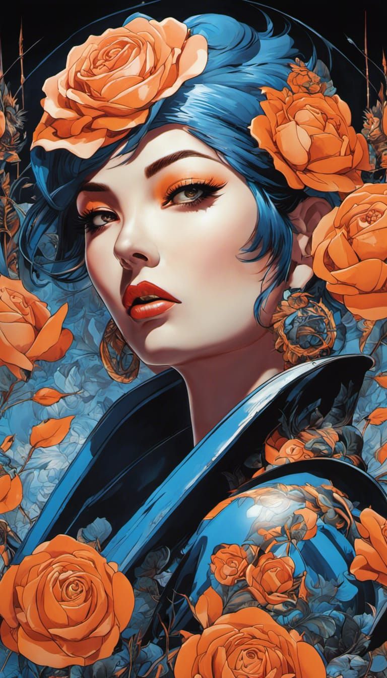 woman, slim thick, heaving bosom, latex buster, punk style, colour: orange/blue, tattoo: rose, spray ...  by @undefined