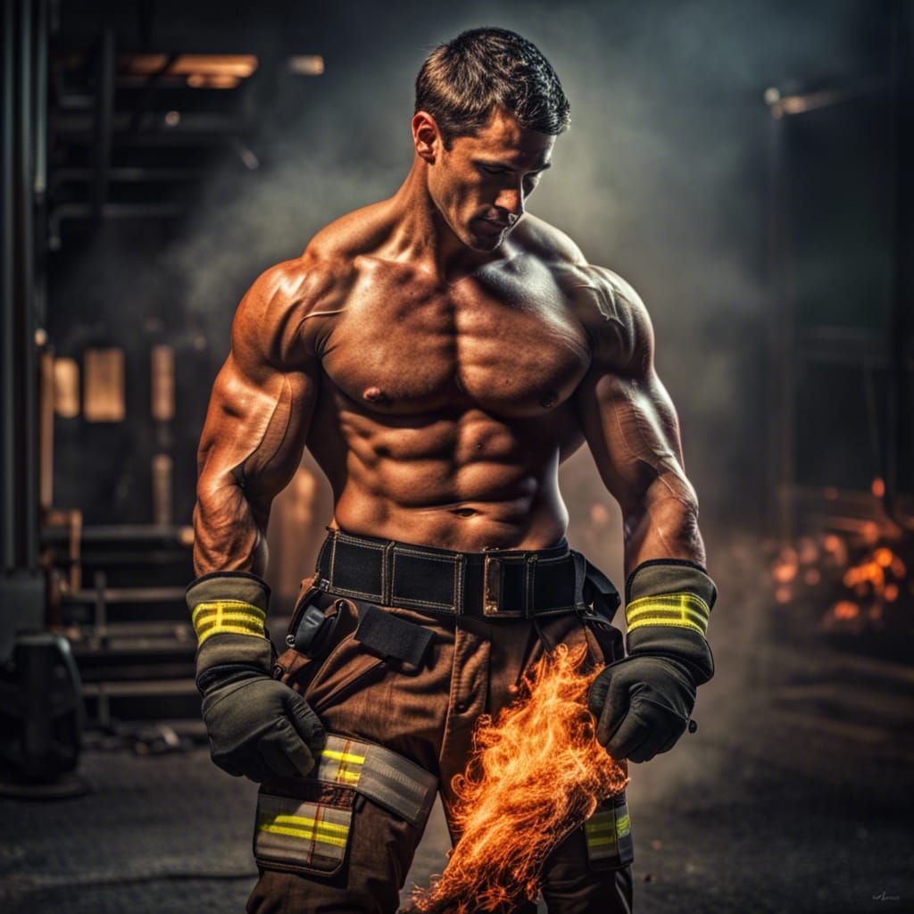 attractive hot strong muscular Shirtless male firefighter, burning fire ...