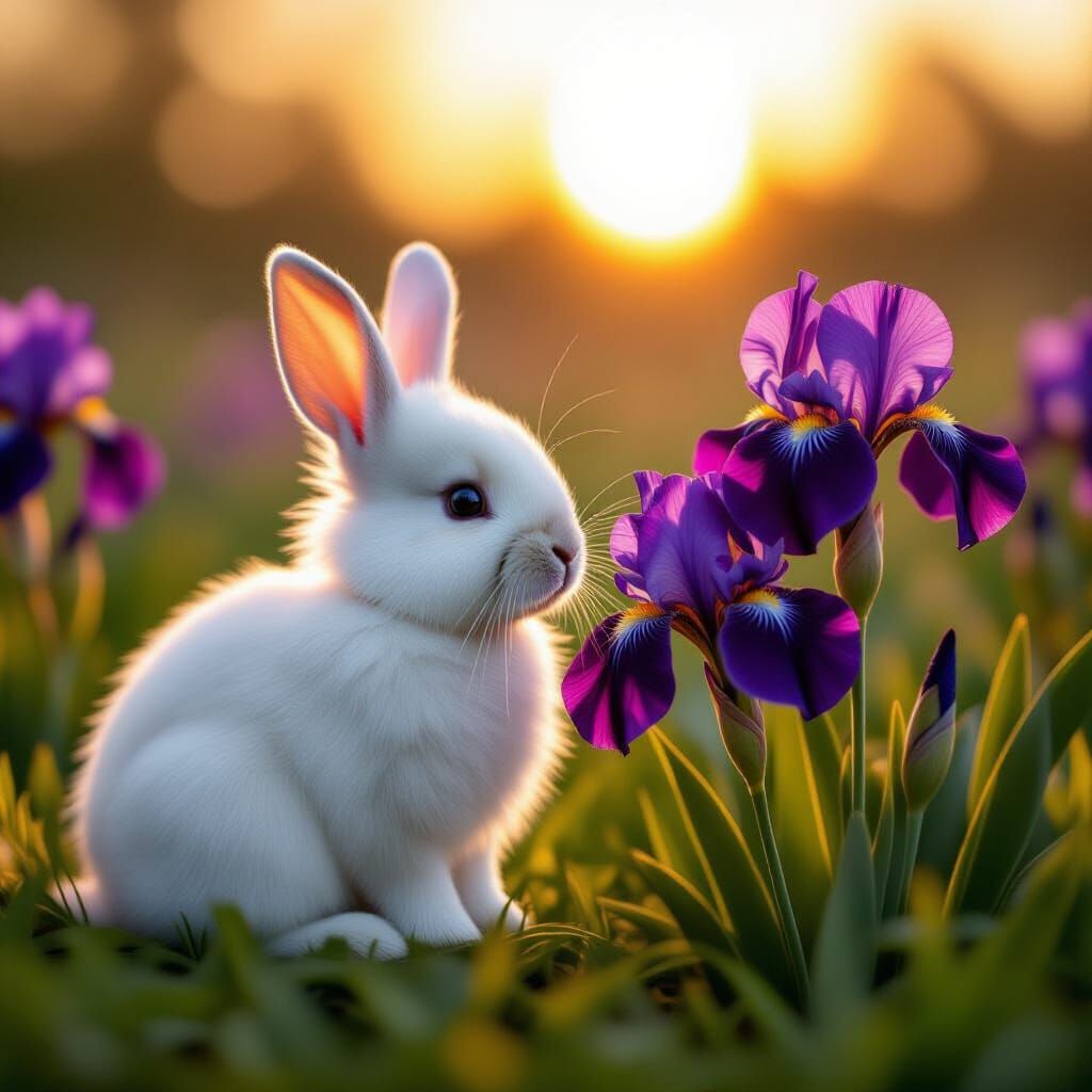 Hyperrealistic White Rabbit Beside Purple Irises at Golden H...