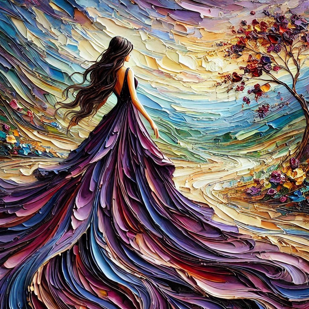 Impasto painting woman in purple dress.