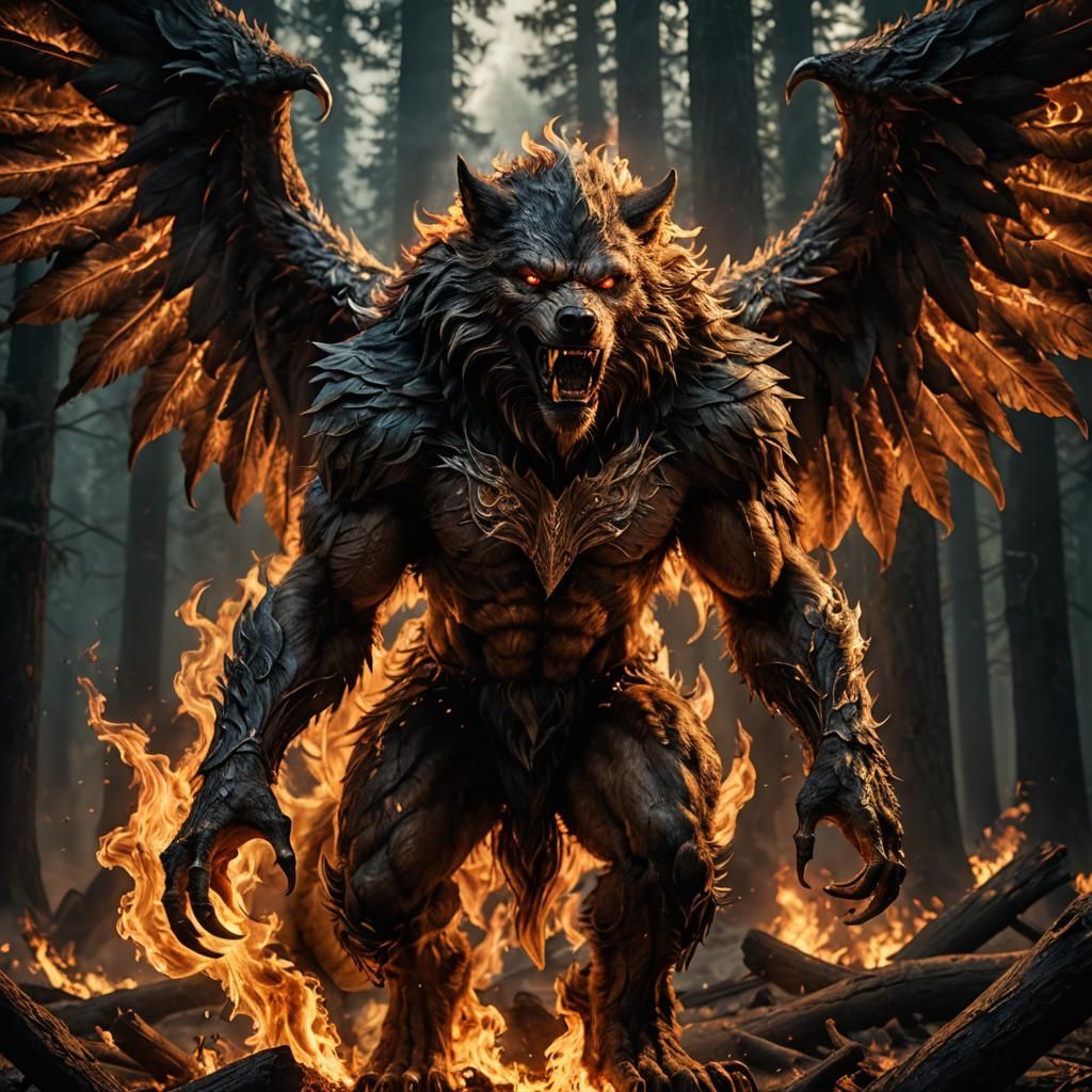 A Winged Werewolf Made Of Fire, Hyper-realistic, Epic, Meticulously ...