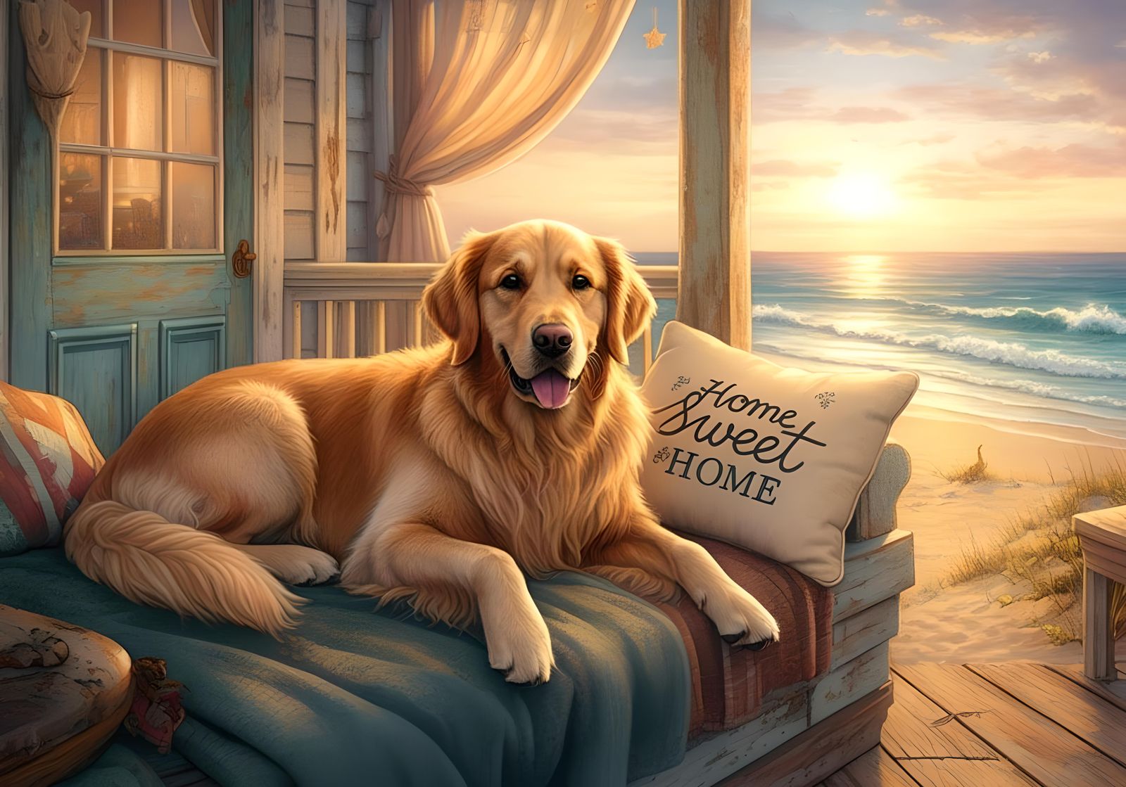 Golden Retriever at his Beach front Home Sweet home