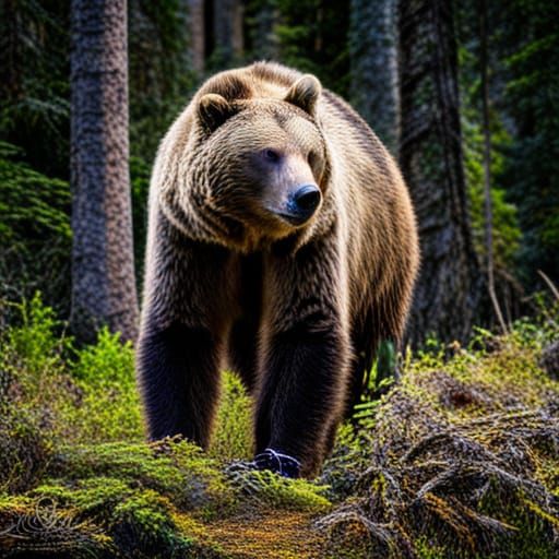Purple-Eyed Grizzly Bear in Hyperrealistic Forest