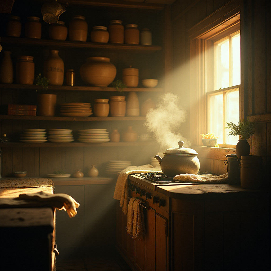 Rustic Kitchen in Golden Light, Cinematic Still