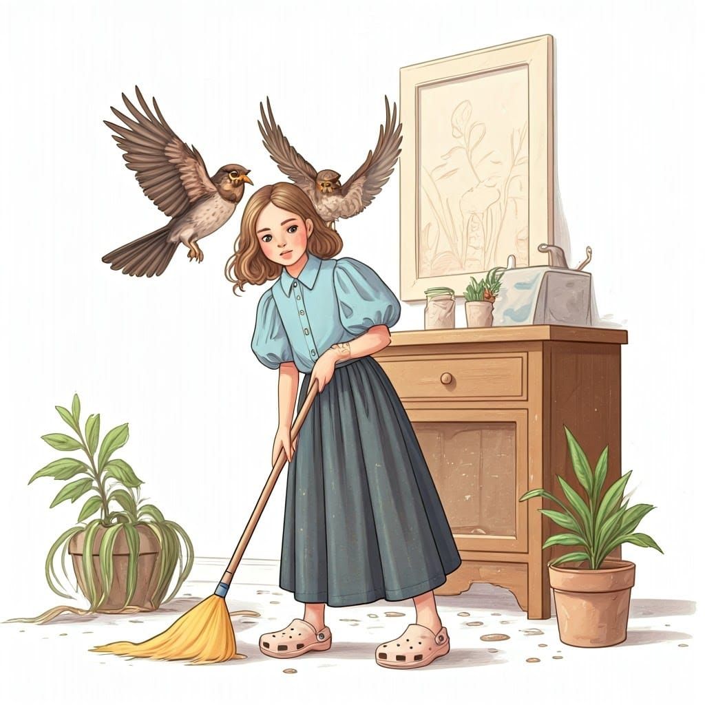 Whimsical Scene of a Little Girl Cleaning with Cuckoos