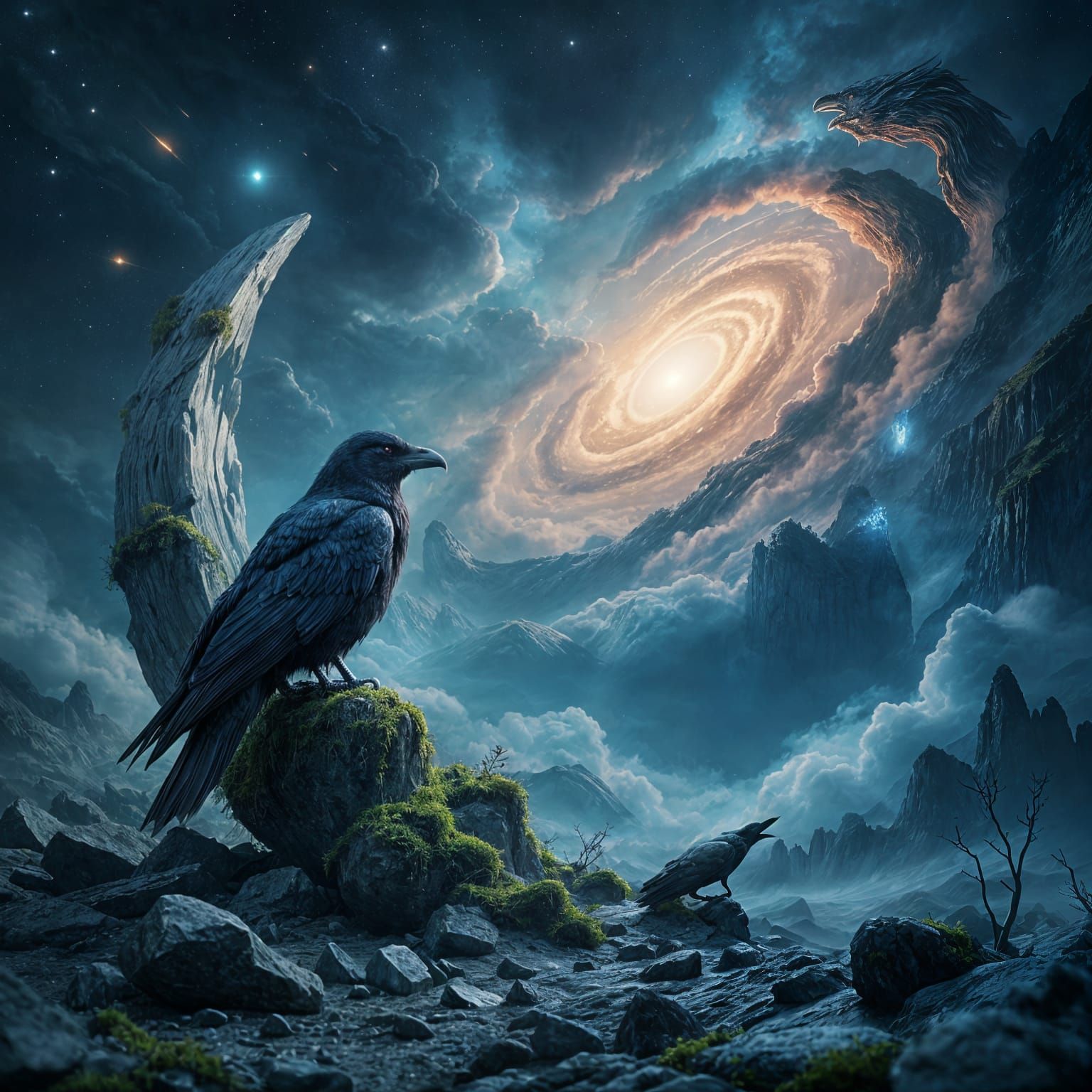 Photograph.wide shot.8k resolution.An ancient, moss-covered raven perches on a fragment of a shattered moon, gazing at a distant, cinematic ...