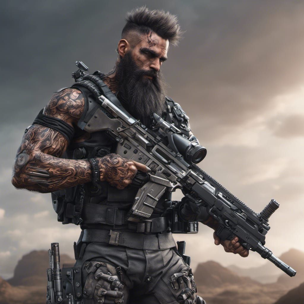 Black Bearded Cyborg with Machine Gun in 4K