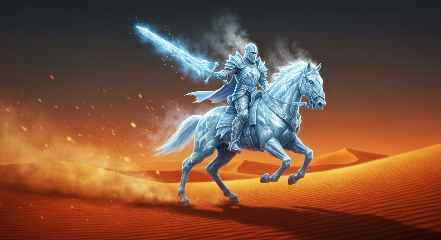 Ice Rider in a Desert Realm

An icy knight on a frost-forged steed gallops across a blazing red desert, crystalline armor steaming against d...
