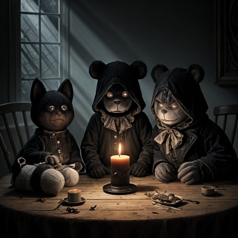 Stuffed toys plotting a coup.  by @Terra