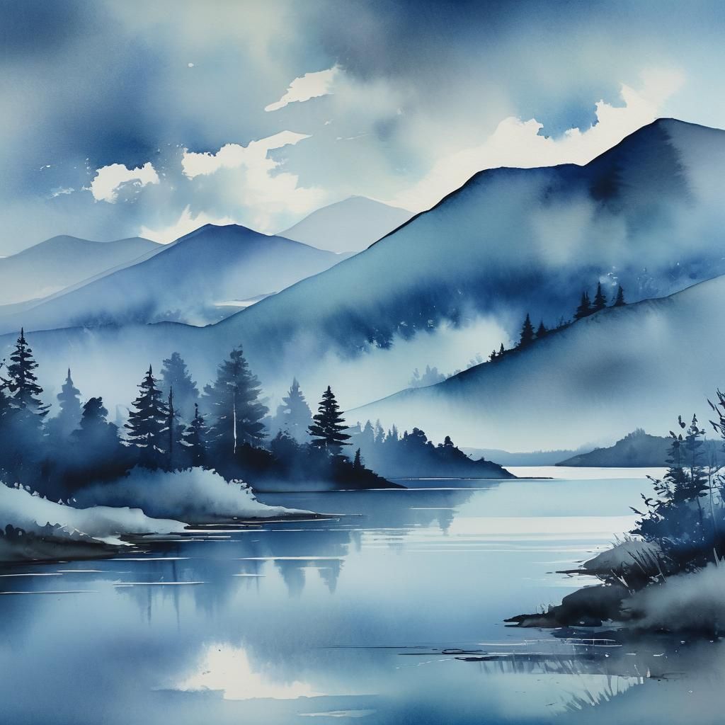 A watercolour painting of a serene landscape entirely in shades of blue.  by @Joseph