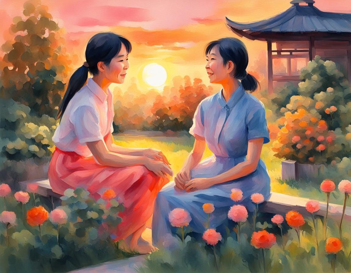 Happy Asian daughter and mother talking in garden, sunset
