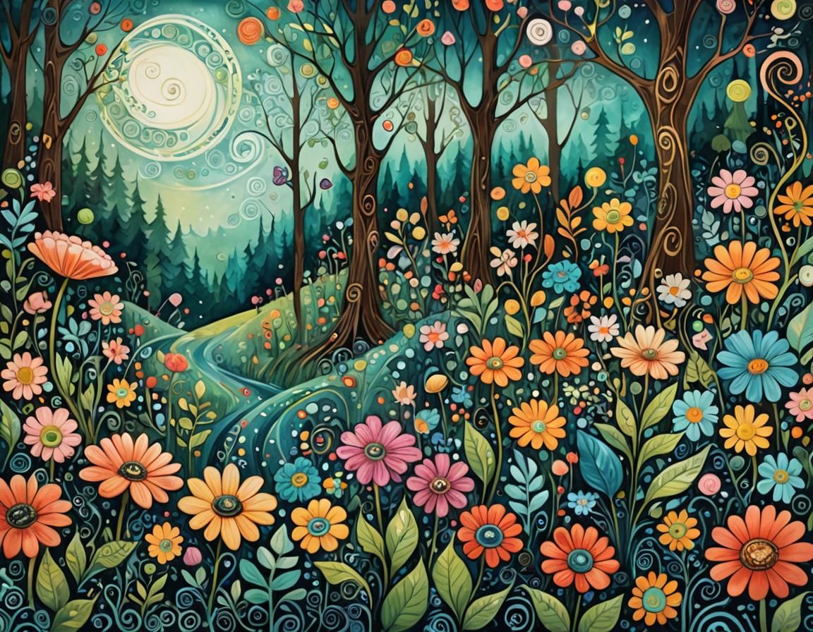 Whimsical ethereal flowers fantasy forestscape