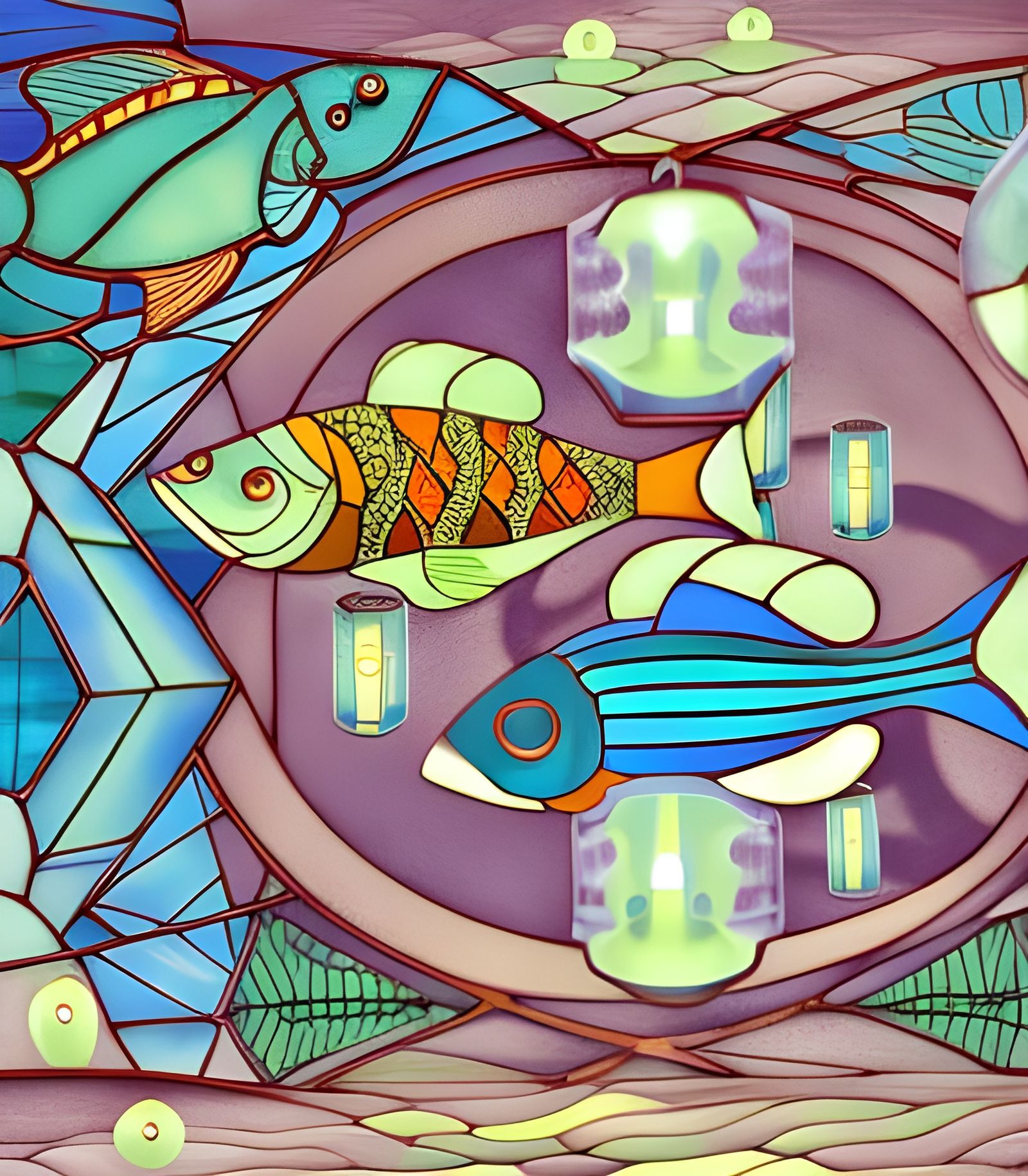 a set of four decorative lanterns with fish in them, differe...