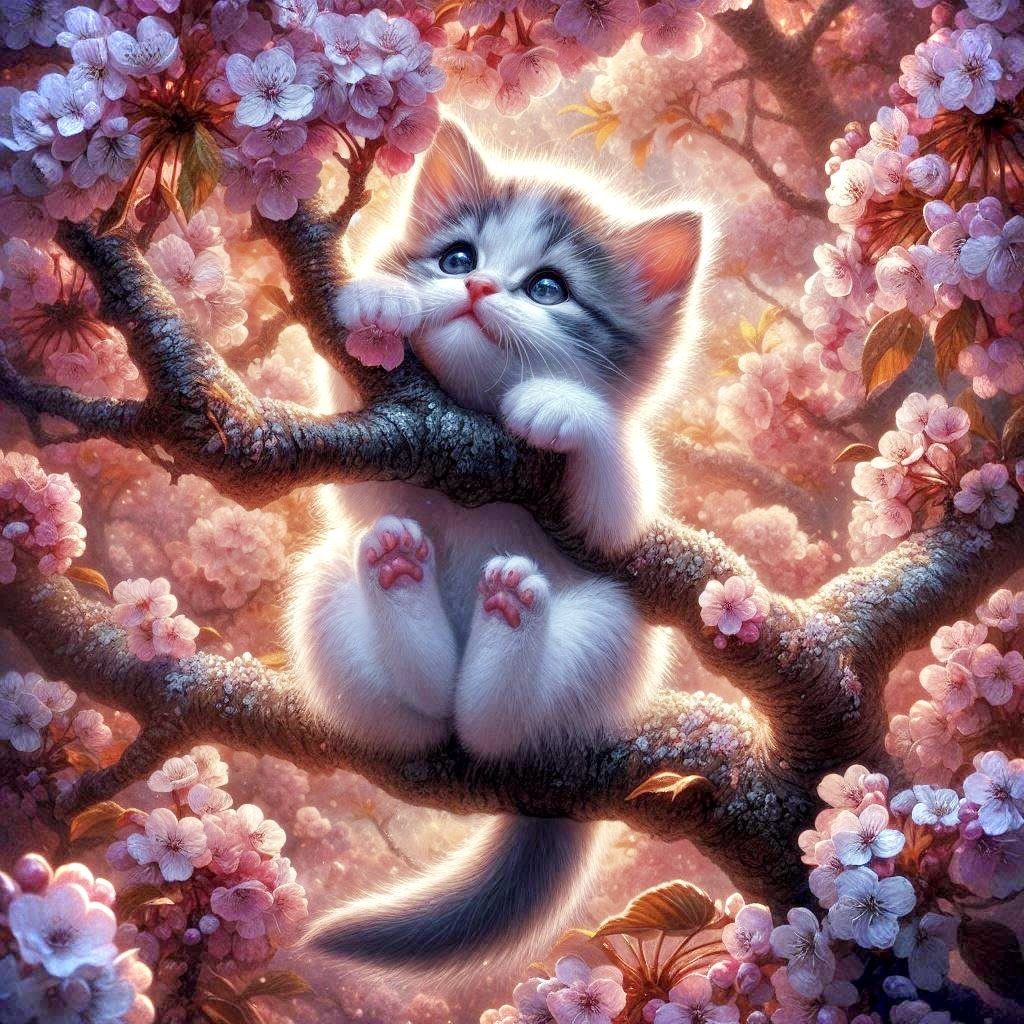 Kitten in a Blooming Cherry Tree
