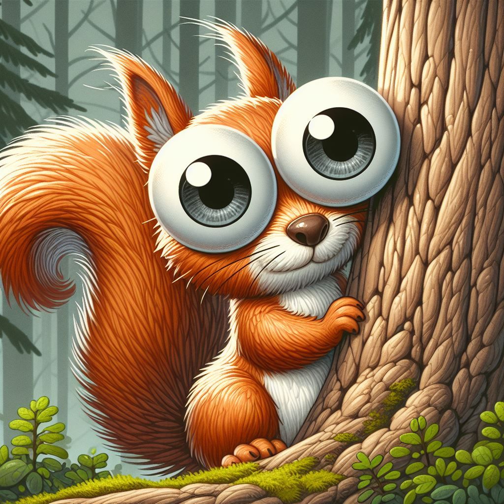 Ein Eichhörnchen schaut mit riesigen Glubschaugen